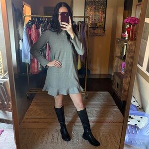 Zara Houndstooth Long Sleeve Ruffle Hem Dress